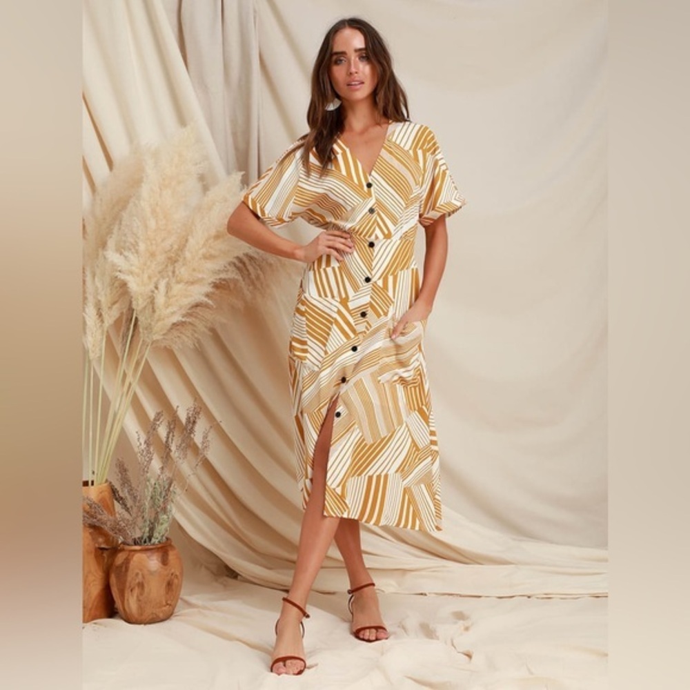 Lush Murni Mustard Yellow Print Button-Up Midi Dress